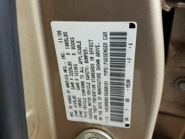 1HGCM56817A068101 - 2007 HONDA ACCORD EX GOLD photo 10