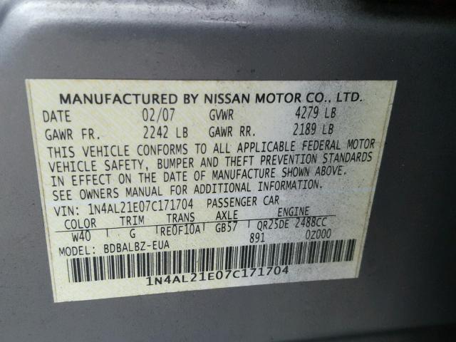 1N4AL21E07C171704 - 2007 NISSAN ALTIMA 2.5 GRAY photo 10