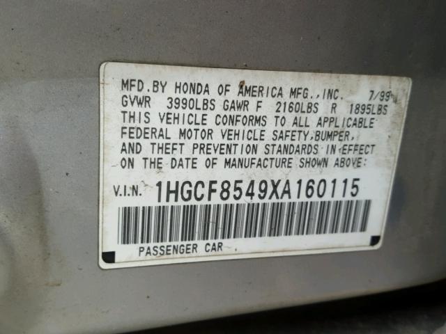 1HGCF8549XA160115 - 1999 HONDA ACCORD DX SILVER photo 10