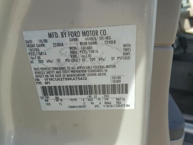 1FMCU02759KA75432 - 2009 FORD ESCAPE XLS CREAM photo 10