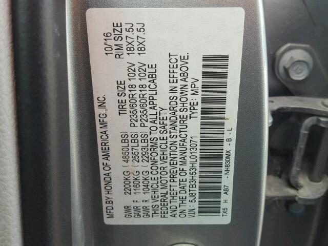 5J8TB3H53HL013071 - 2017 ACURA RDX TECHNO SILVER photo 10