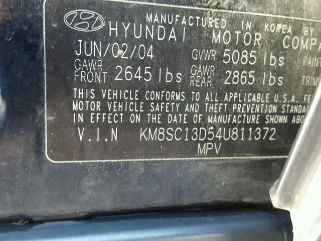 KM8SC13D54U811372 - 2004 HYUNDAI SANTA FE G BLUE photo 10