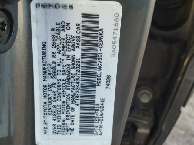 4T1BE32K43U720291 - 2003 TOYOTA CAMRY LE GRAY photo 10