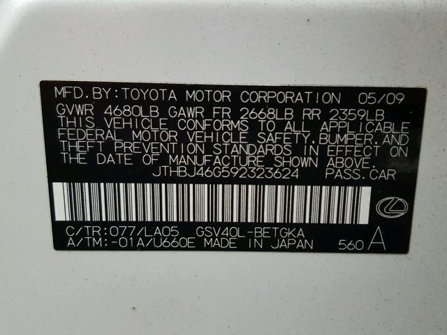 JTHBJ46G592323624 - 2009 LEXUS ES 350 WHITE photo 10