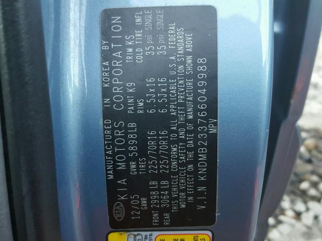 KNDMB233766049988 - 2006 KIA SEDONA EX BLUE photo 10