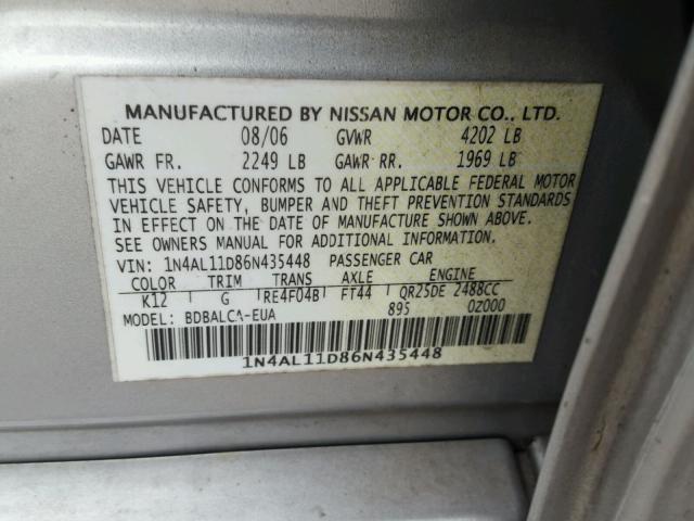 1N4AL11D86N435448 - 2006 NISSAN ALTIMA S SILVER photo 10