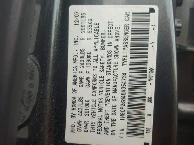 1HGCP26848A054734 - 2008 HONDA ACCORD EXL CHARCOAL photo 10