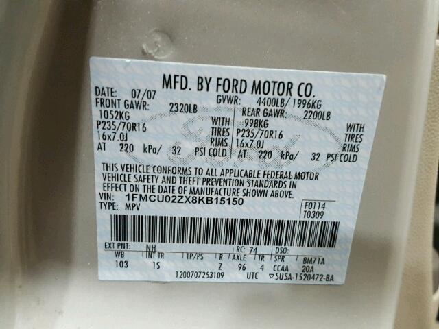 1FMCU02ZX8KB15150 - 2008 FORD ESCAPE XLS WHITE photo 10