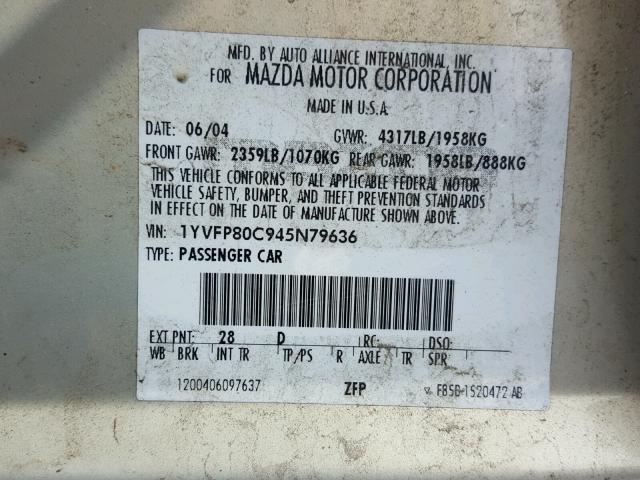 1YVFP80C945N79636 - 2004 MAZDA 6 I GOLD photo 10