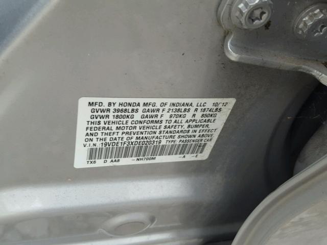 19VDE1F3XDE020319 - 2013 ACURA ILX 20 SILVER photo 10