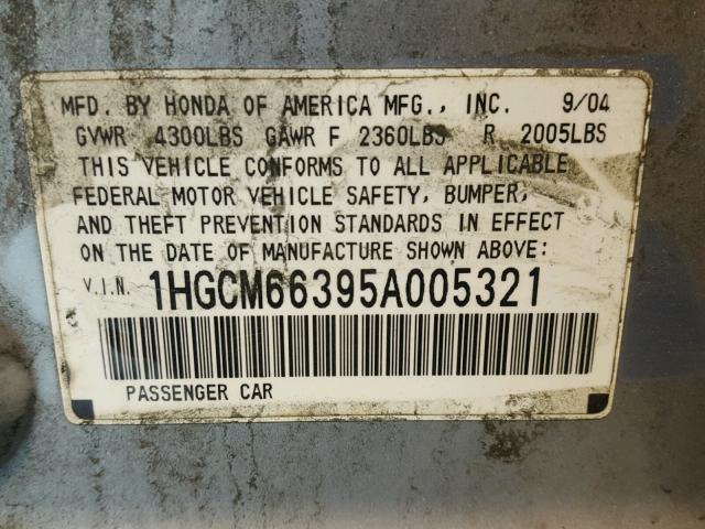 1HGCM66395A005321 - 2005 HONDA ACCORD LX SILVER photo 10