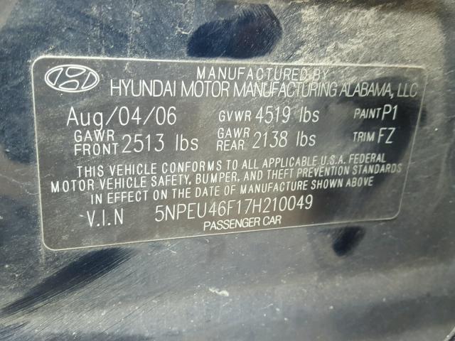 5NPEU46F17H210049 - 2007 HYUNDAI SONATA SE BLUE photo 10