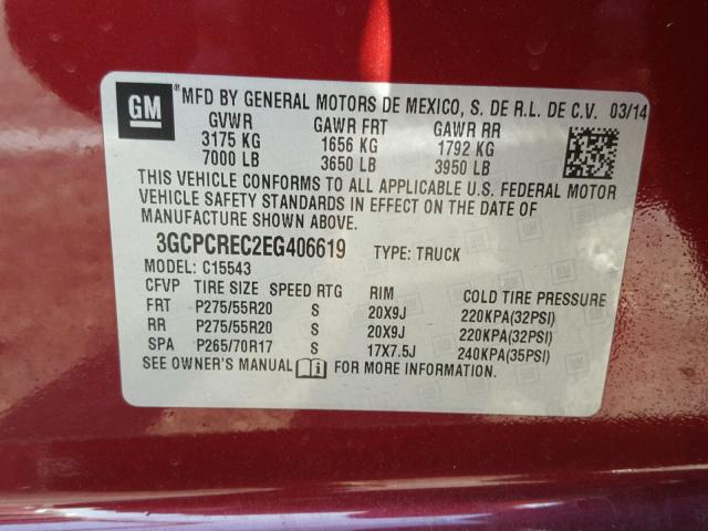 3GCPCREC2EG406619 - 2014 CHEVROLET SILVERADO MAROON photo 10