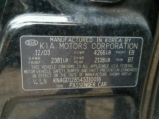 KNAGD128545310016 - 2004 KIA OPTIMA LX BLACK photo 10