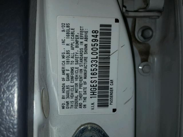 1HGES16533L005948 - 2003 HONDA CIVIC LX WHITE photo 10