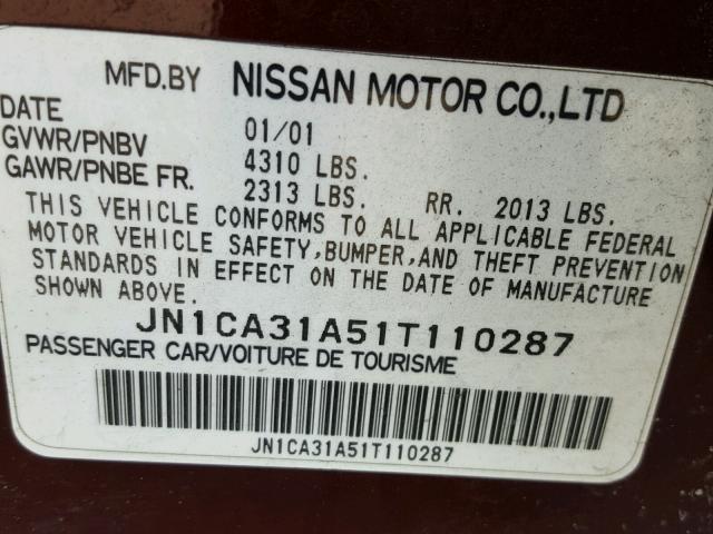 JN1CA31A51T110287 - 2001 NISSAN MAXIMA GXE RED photo 10