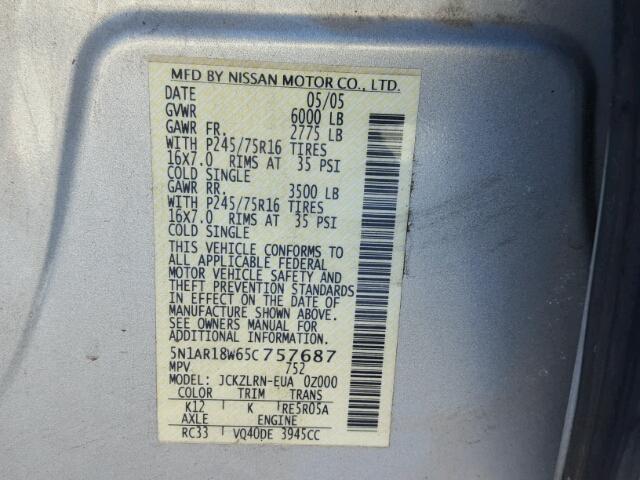 5N1AR18W65C757687 - 2005 NISSAN PATHFINDER SILVER photo 10