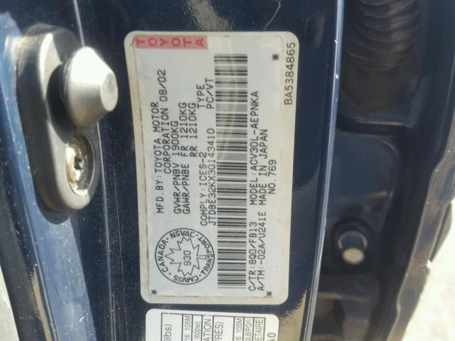 JTDBE32KX30143410 - 2003 TOYOTA CAMRY LE BLUE photo 10