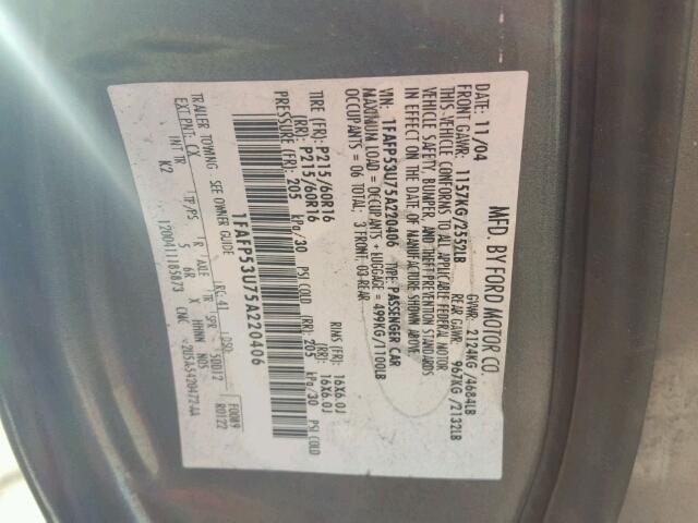 1FAFP53U75A220406 - 2005 FORD TAURUS SE GRAY photo 10