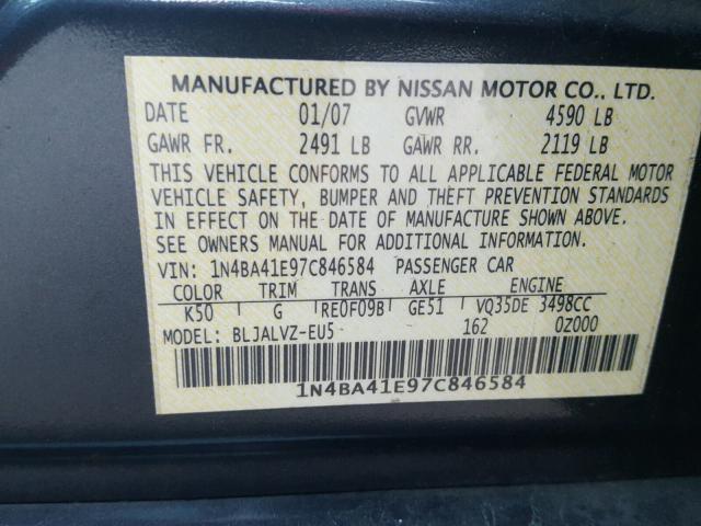 1N4BA41E97C846584 - 2007 NISSAN MAXIMA SE CHARCOAL photo 10