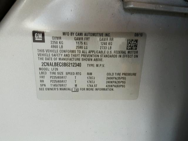 2CNALBEC8B6212340 - 2011 CHEVROLET EQUINOX LS SILVER photo 10