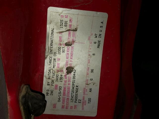 1ZVCT20A0P5199442 - 1993 FORD PROBE BASE RED photo 10