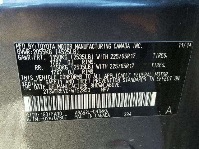 2T3WFREV0FW152950 - 2015 TOYOTA RAV4 XLE GRAY photo 10