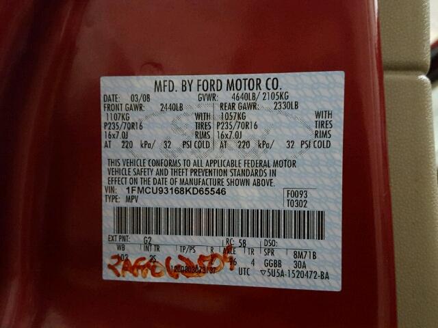 1FMCU93168KD65546 - 2008 FORD ESCAPE XLT MAROON photo 10