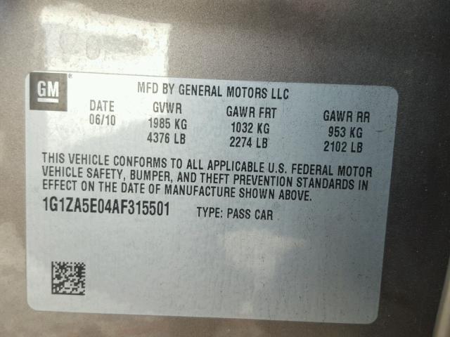 1G1ZA5E04AF315501 - 2010 CHEVROLET MALIBU LS TAN photo 10