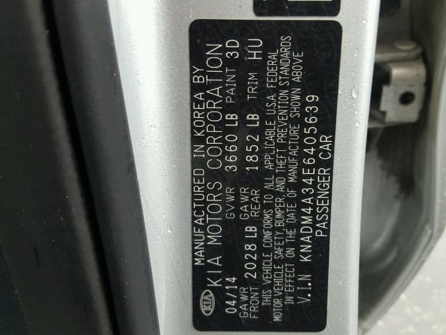 KNADM4A34E6405639 - 2014 KIA RIO LX SILVER photo 10