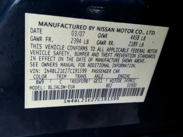 1N4BL21E27C191599 - 2007 NISSAN ALTIMA 3.5 BLUE photo 10