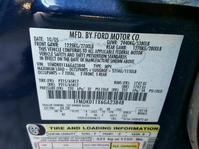 1FMDK011X6GA23848 - 2006 FORD FREESTYLE GRAY photo 10