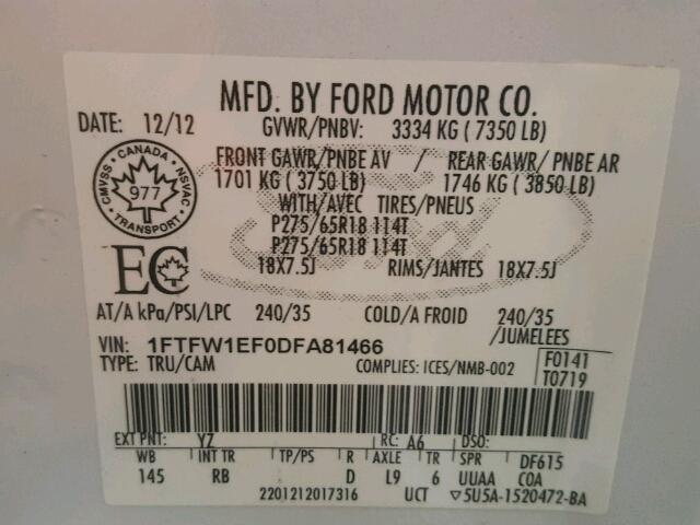 1FTFW1EF0DFA81466 - 2013 FORD F150 SUPER WHITE photo 10