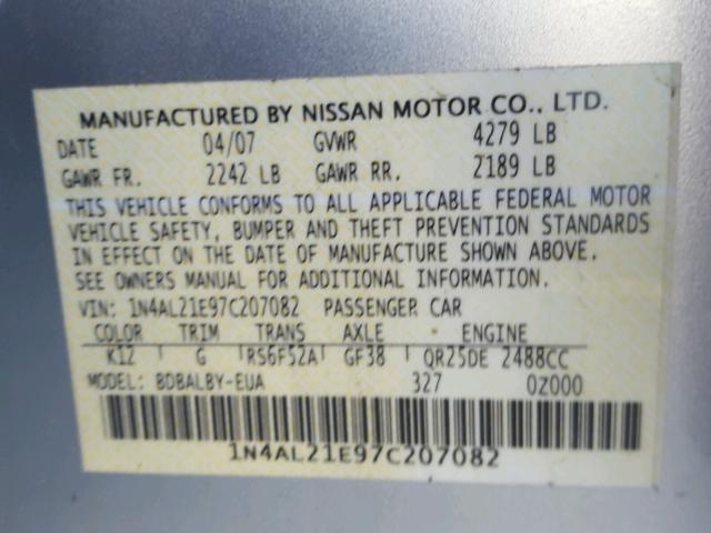 1N4AL21E97C207082 - 2007 NISSAN ALTIMA 2.5 GRAY photo 10