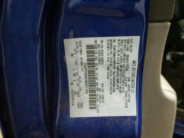 1FAFP34N85W301106 - 2005 FORD FOCUS ZX4 BLUE photo 10