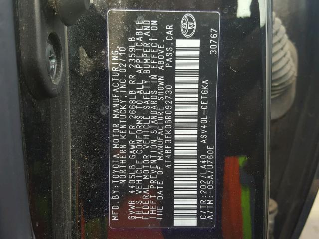 4T4BF3EK0BR092730 - 2011 TOYOTA CAMRY BASE BLACK photo 10