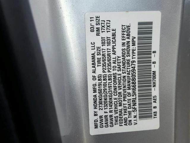 5FNRL5H66BB059479 - 2011 HONDA ODYSSEY EX SILVER photo 10