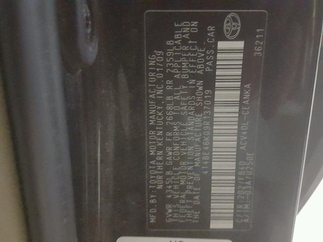 4T4BE46K09R137019 - 2009 TOYOTA CAMRY BASE BLACK photo 10