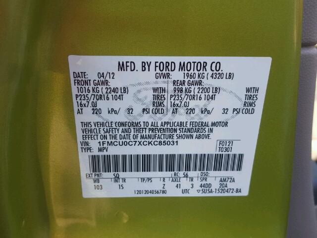 1FMCU0C7XCKC85031 - 2012 FORD ESCAPE XLS GREEN photo 10