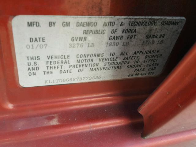 KL1TD66687B772235 - 2007 CHEVROLET AVEO BASE RED photo 10