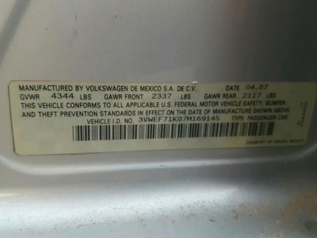 3VWEF71K07M169145 - 2007 VOLKSWAGEN JETTA WOLF SILVER photo 10