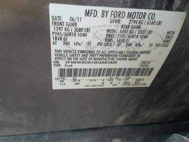 1FMHK8D8XBGA83485 - 2011 FORD EXPLORER X GRAY photo 10