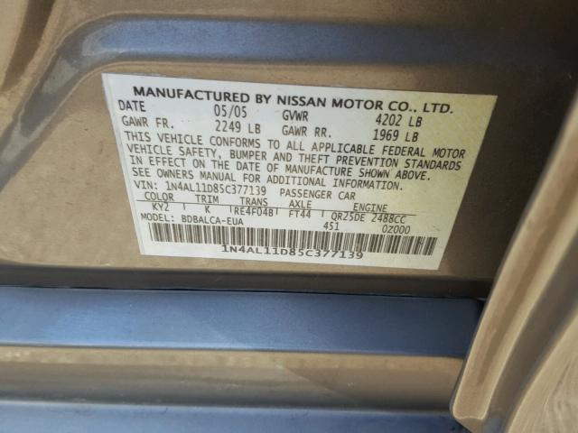 1N4AL11D85C377139 - 2005 NISSAN ALTIMA S BEIGE photo 10