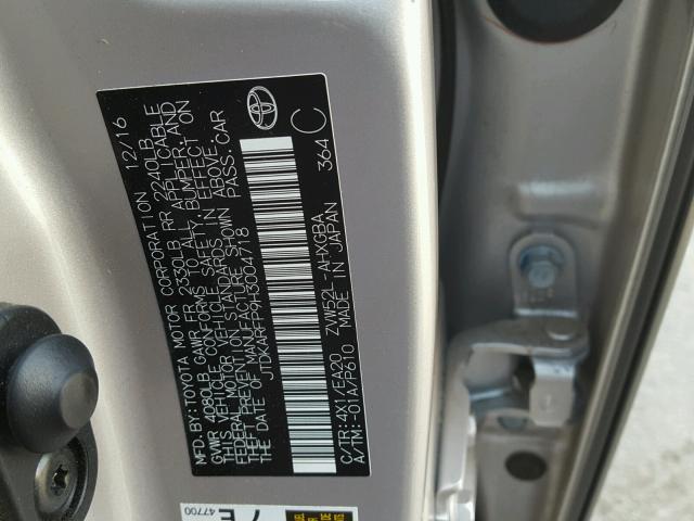 JTDKARFP9H3004718 - 2017 TOYOTA PRIUS PRIM SILVER photo 10