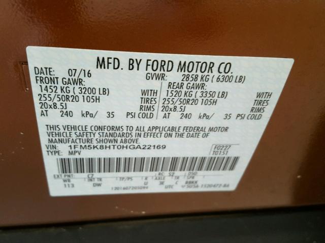 1FM5K8HT0HGA22169 - 2017 FORD EXPLORER P ORANGE photo 10