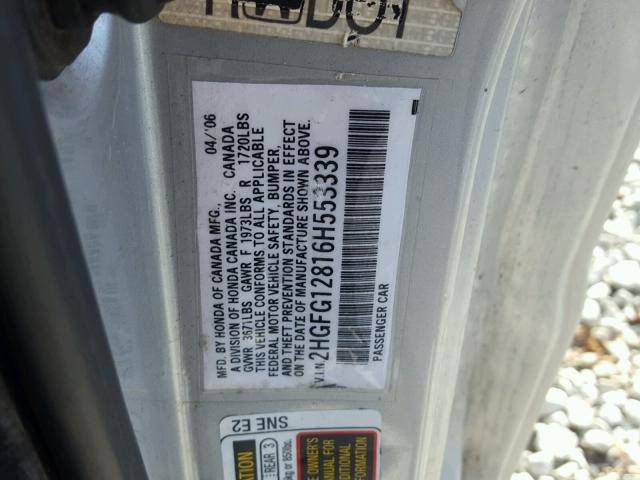 2HGFG12816H553339 - 2006 HONDA CIVIC EX ვერცხლისფერი ფოტო 10