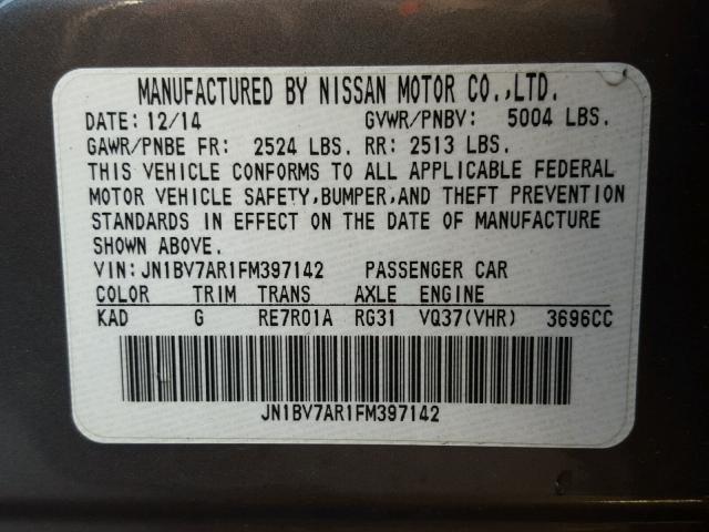 JN1BV7AR1FM397142 - 2015 INFINITI Q50 BASE Темно-сірий фото 10