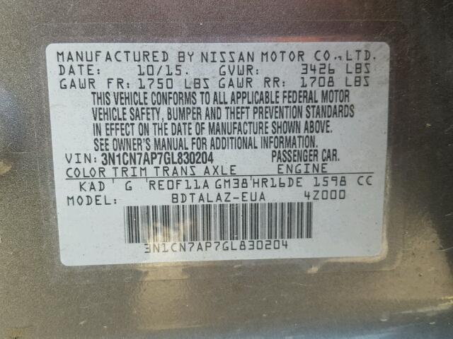 3N1CN7AP7GL830204 - 2016 NISSAN VERSA S GRAY photo 10