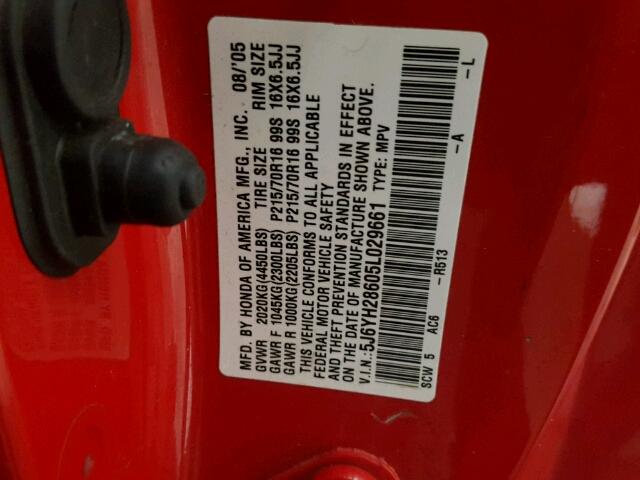 5J6YH28605L029661 - 2005 HONDA ELEMENT EX RED photo 10