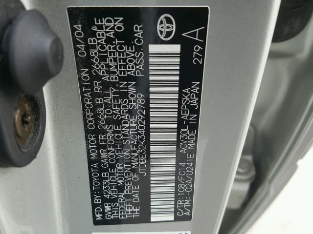 JTDBE32K340292789 - 2004 TOYOTA CAMRY LE Silber Foto 10